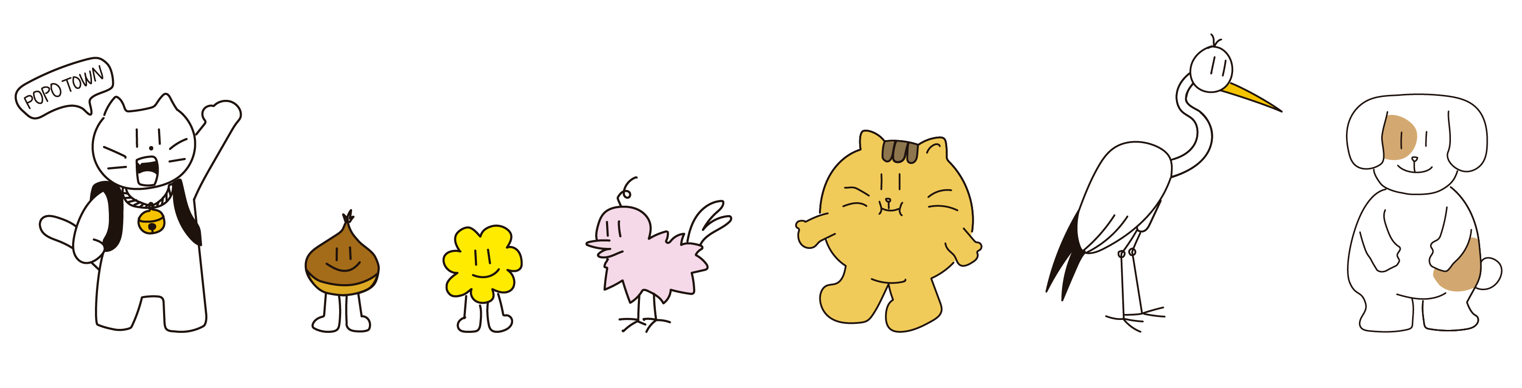 캐릭터를 소개하는 그리드 이미지, 포포, 누토, 로티, 비비 모두 일렬로 서 있다.